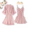 Sexy Pure Desire Lace Pajama Set: Solid Color Slip Dress with Tie-Up Morning Robe