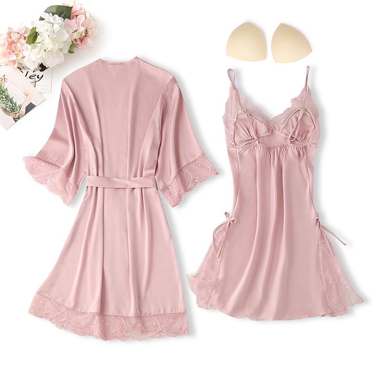 Sexy Pure Desire Lace Pajama Set: Solid Color Slip Dress with Tie-Up Morning Robe