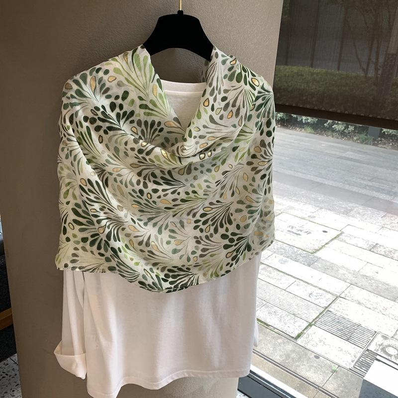 Spring And Summer Versatile Fashion Scarf French Bronzing Printing Silk Scarf Cotton And Linen Feel Silk Scarf Travel Sunscreen Shawl Women