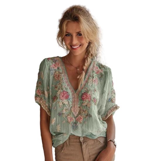 

Women Tops 3D Printed Imitation Jacquard V-Neck Short Sleeve Loose Fit Soft Breathable Summer Shirt Daily Wear S