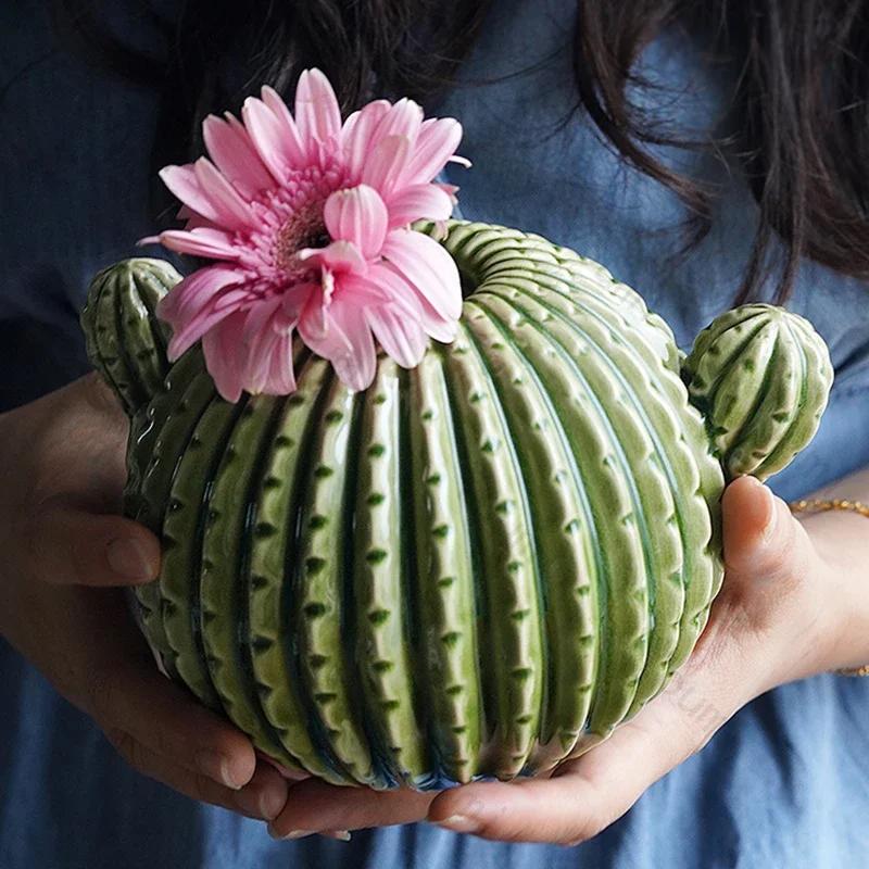 Creative Cactus Ceramic Vase Cute Household Desktop Decoration High End Green Flowers Arrangement Vase Living Room Decoration