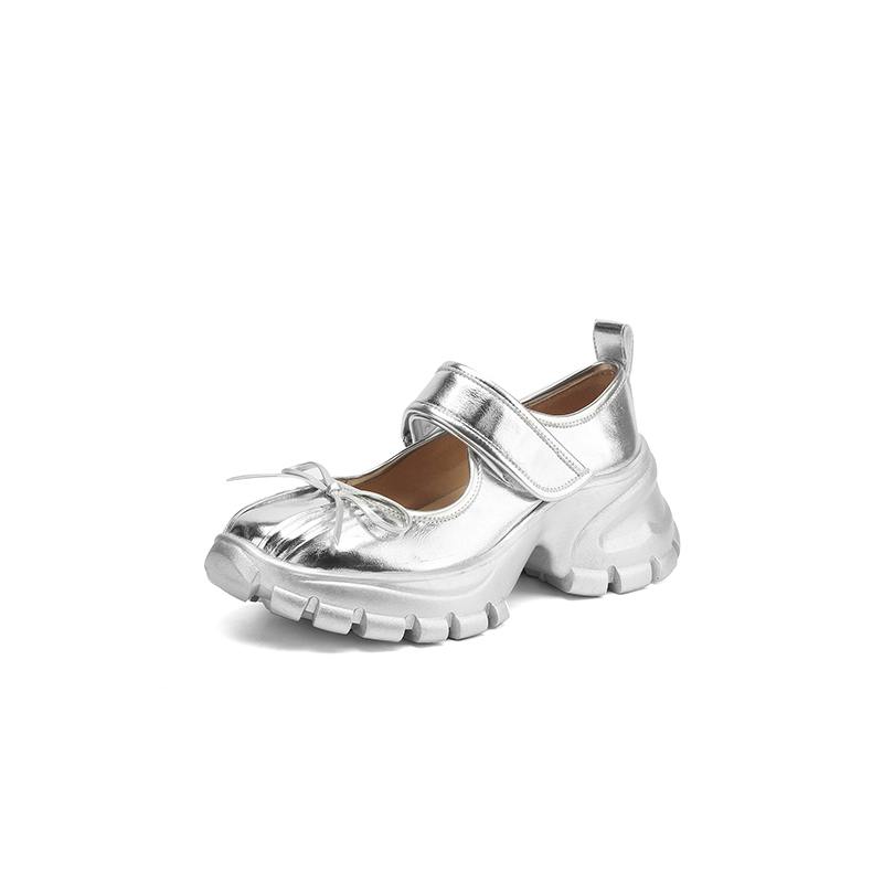 Krazing Pot Sheepskin Spring Autumn Summer Sneakers Platform Lace Up Silver Color Butterfly-knot Thick Bottom Women Fashion Shoes