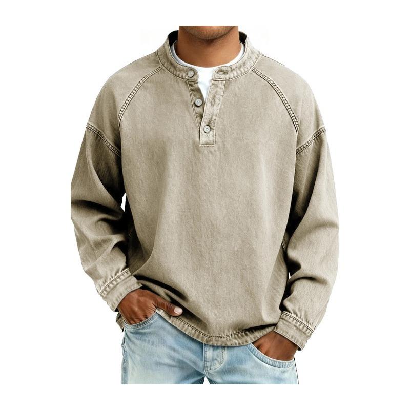 Men's Long Sleeve Pullover Shirt, Loose Fit Polyester Solid Color Rounded Collar Shirt with Button Detail, Casual All Season Top