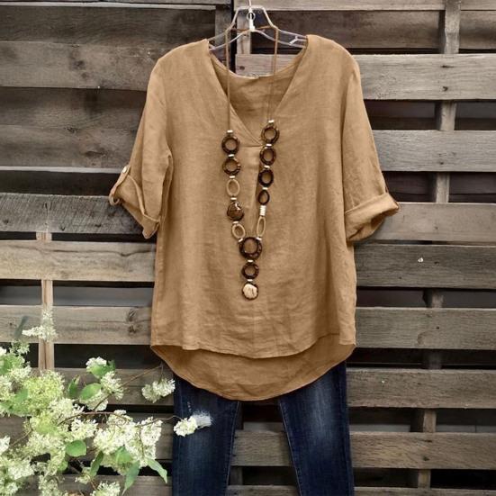 Women Shirt V-Neck Short Sleeve Loose Fit Tee Shirt Pure Color Summer Casual Blouse