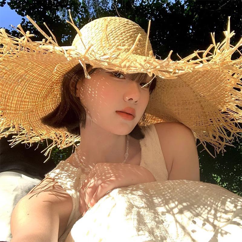 Big Edge Hat Women's Summer Vacation Wind Raffia Straw Hat Big Brim Sunshade Sunscreen Burr Edge Temperament Beach Hat