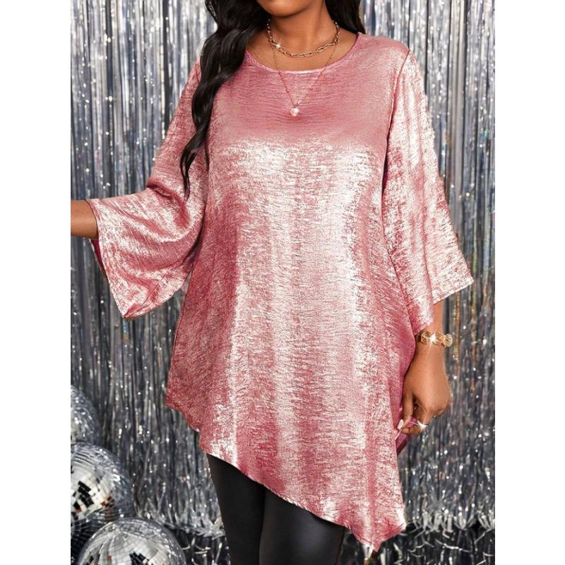 Plus Size Loose Round Neck Three Quarter Sleeve Irregular Hem Top For Women