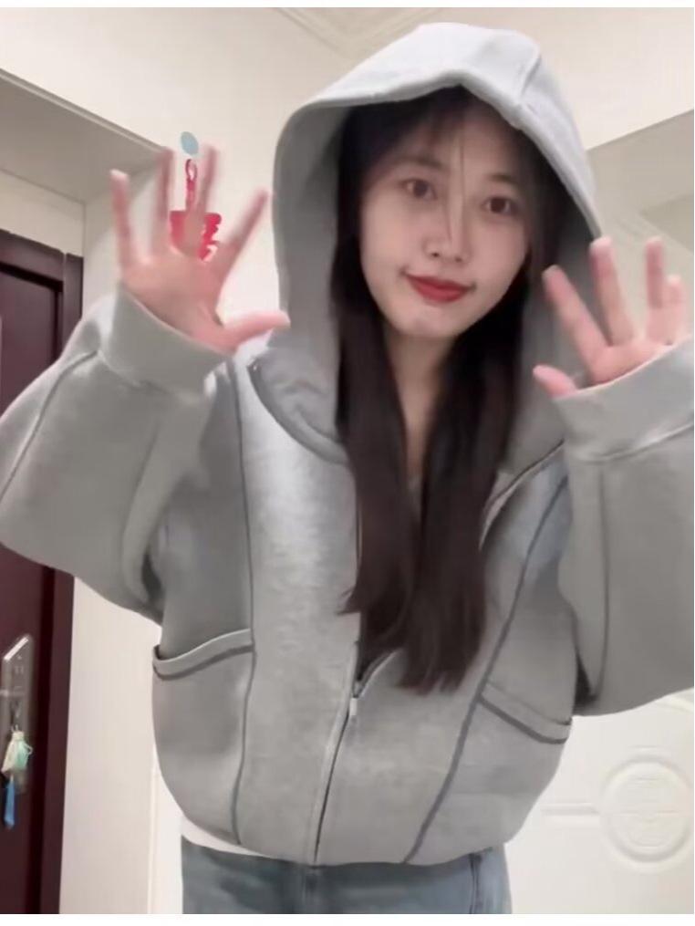 Women's Petite Gray Sweatshirt Jacket - 2025 Korean Style Autumn Winter Versatile Commuting Outfit