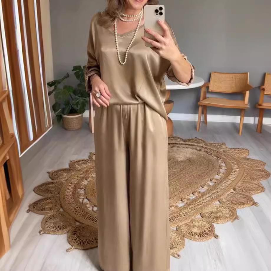 European and American 2024 V-Neck Short-Sleeve Casual Wide-Leg Pants Set