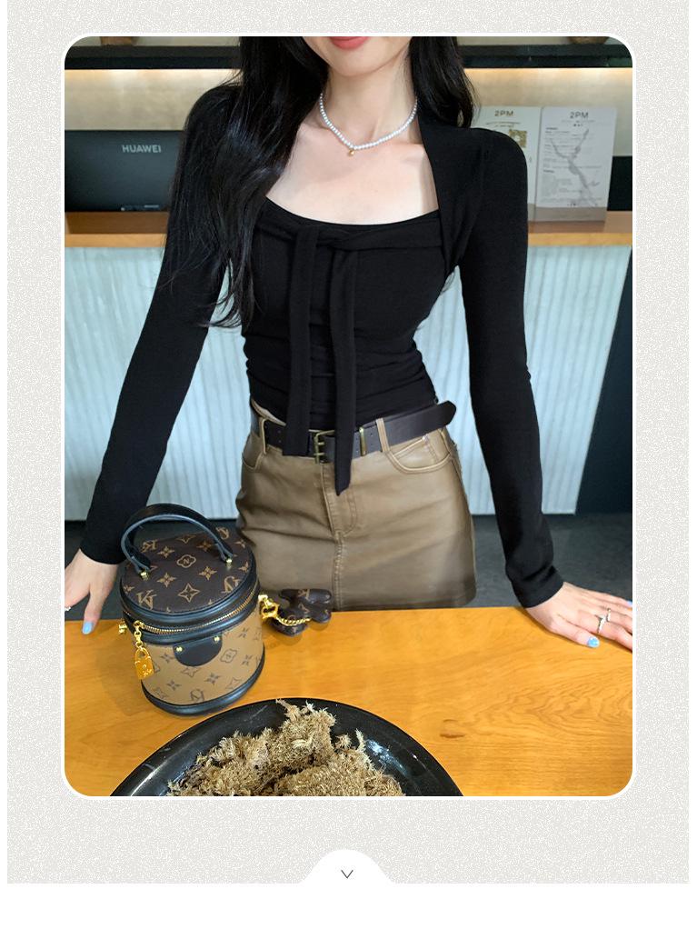 Women's Lace-Up Square Neck Slimming Crop T-Shirt for Autumn/Winter 2025