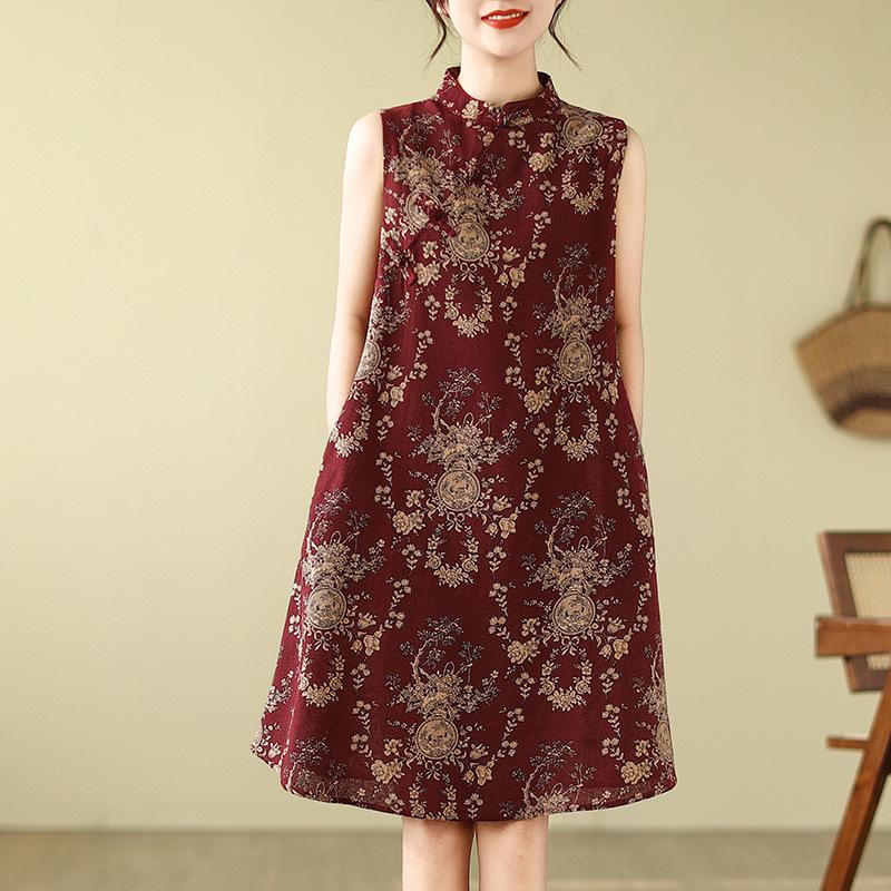 Retro Modifizierter Scheibenknopf Cheongsam Rock Locker Schlankmachendes Ärmelloses Bedrucktes Kleid