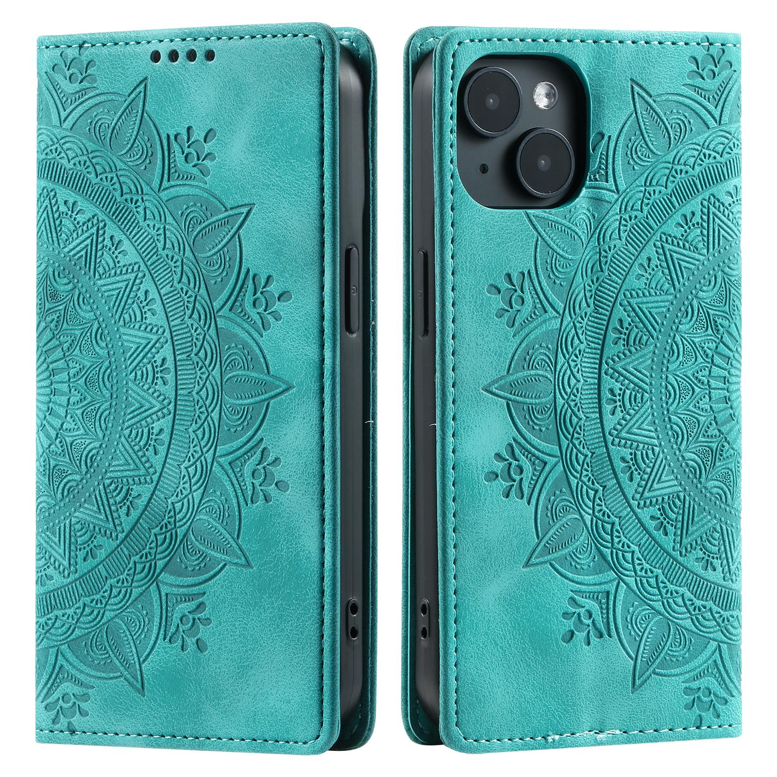 

For iPhone 14 Case PU Leather Imprinted Mandala Flower Wallet Phone Cover Mint Green