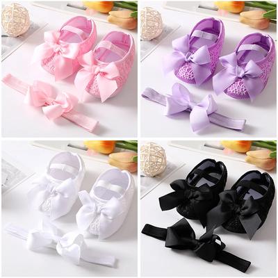 Soft Sole Flower Newborn Baby Girl Christening Shoes Headband Set Lovely Princess Lace Bowknot Infant Non Slip First Walker