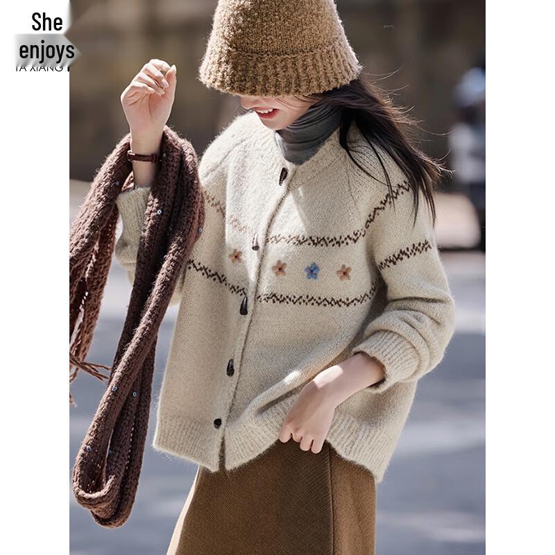 

Women s Fair Isle Embroidered Jacquard Toggle Button Cardigan M (fits 95-125 jin)