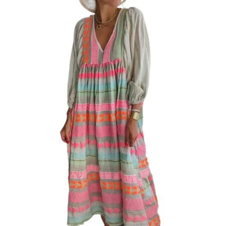 

Bohemian Spring Summer Women Casual Dress Geometric Print Maxi Dress with V Neck Lantern Sleeves Loose Female Clothes 2XL рожевий