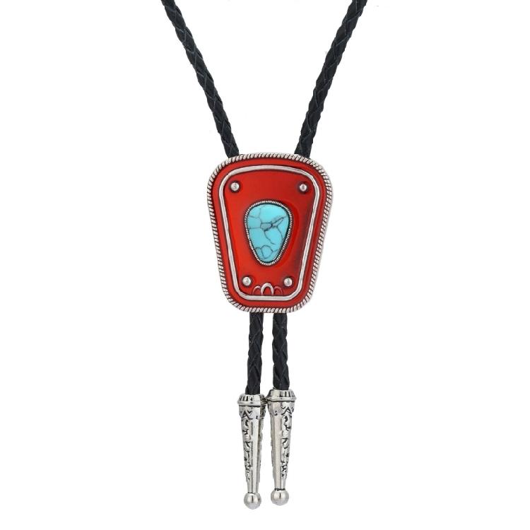 Tribal Faux Leather Rope Bolo Tie with Metal Enamel Stone Pendant Western Cowboy Necktie Jewelry Necklace Shirt Chain