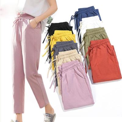 Womens Summer Harem Pants Cotton Linen Solid Elastic Waist Candy Colors Harem Trousers Soft High Quality For Female Street Style
