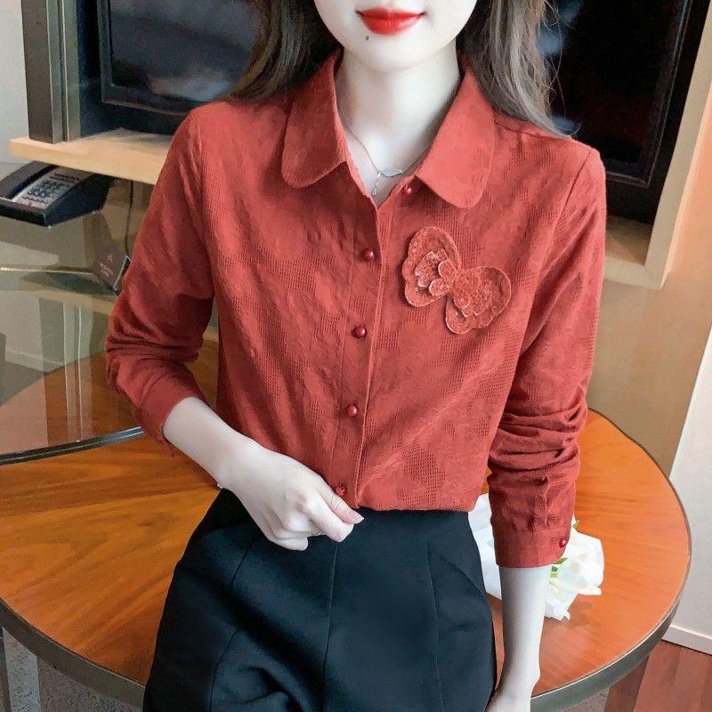 

Осень 2024 г. Женская рубашка с длинным рукавом из чистого хлопка с жаккардовой вышивкой L