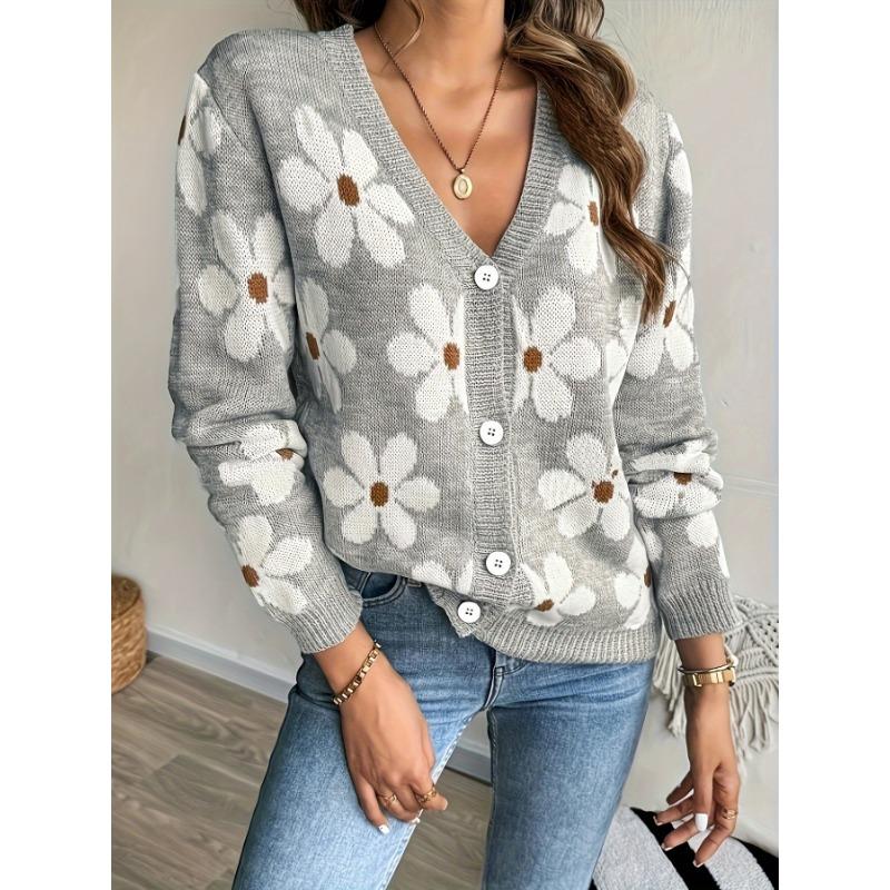 Women S V Neck Knitted Cardigan Floral Pattern Sweater Autumn Winter Outerwear