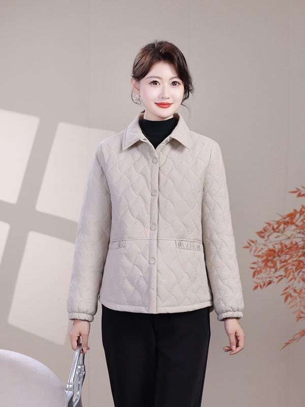 Lightweight Autumn/Winter Cotton Jacket for Middle-Aged & Elderly Women - Solid Color Casual Outerwear with Lapel
