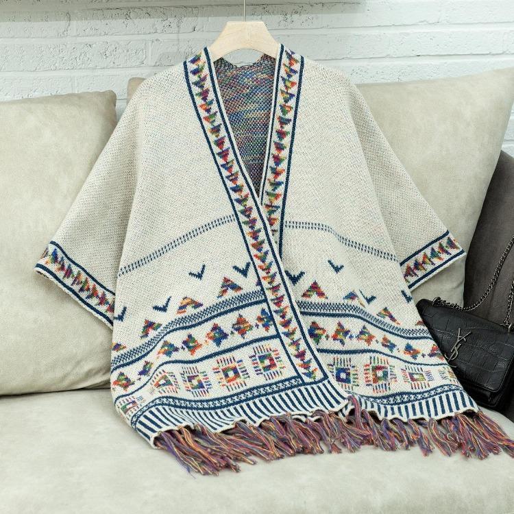 Fashion Women V-Neck Loose Knitwear Sweater Bat Sleeve Cardigan Autumn Winter Print Cloak Cross Border