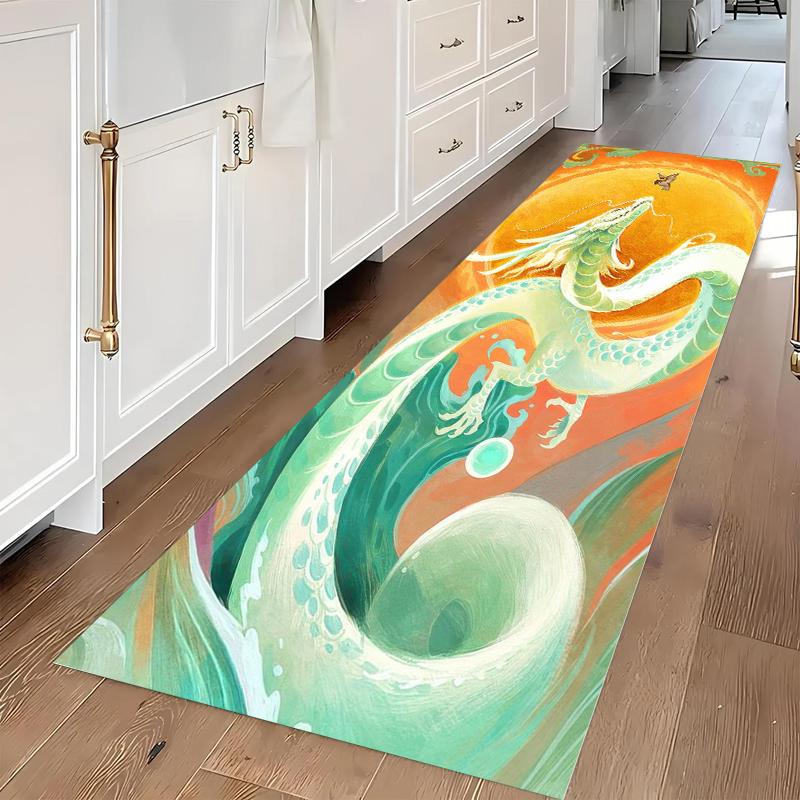 Mythical Dragon Pattern Runner Rug Collection Non Slip Wear Resistant Soft Washable Hallway Entryway Floor Mat