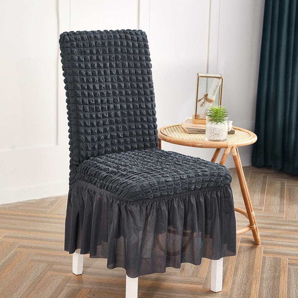 

Thick 3D Bubble Gauze Chair Cover with Lace Hem Universal Stretch Elastic Dining Chair Slipcover 1pc темно серый