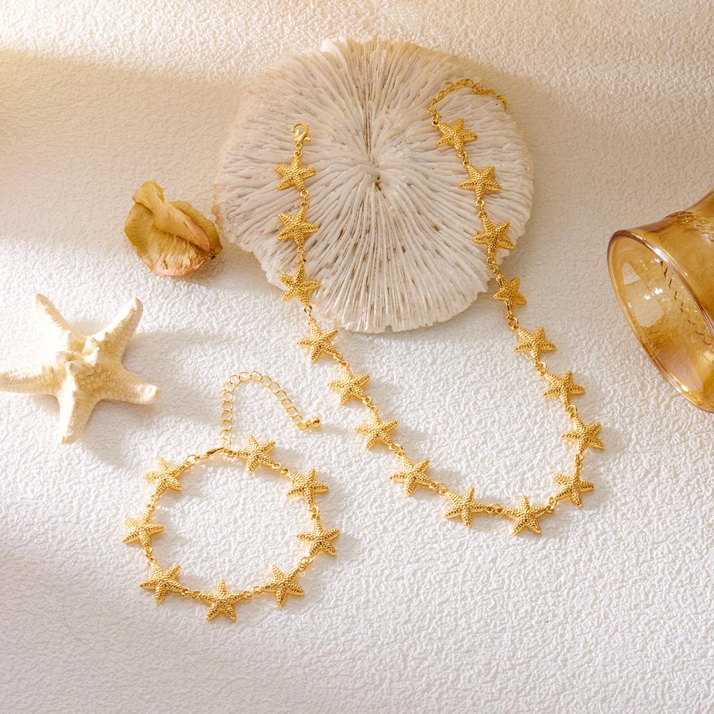 Handmade Imitation Pearl Starfish Pendant Necklace Bracelet Set for Women Girls Summer Trendy Beach Holiday Party Jewelry Set