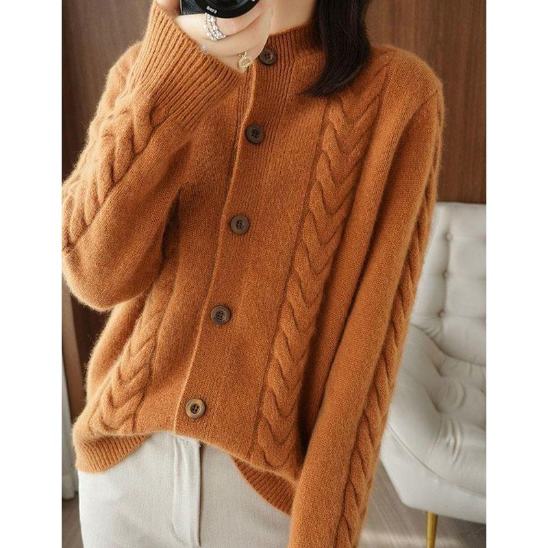 Všestranný krátký pletený kardigan s polozvýšeným límcem a copánkovým vzorem, podzim zima, dámský, s dlouhým rukávem, ležérní, volný základní svetr