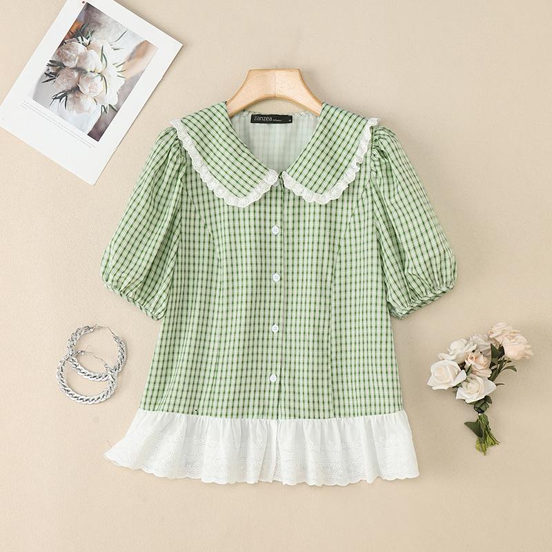 

ZANZEA Women Casual Turn Down Collar Summer Short Sleeve Grid Blouse 4XL