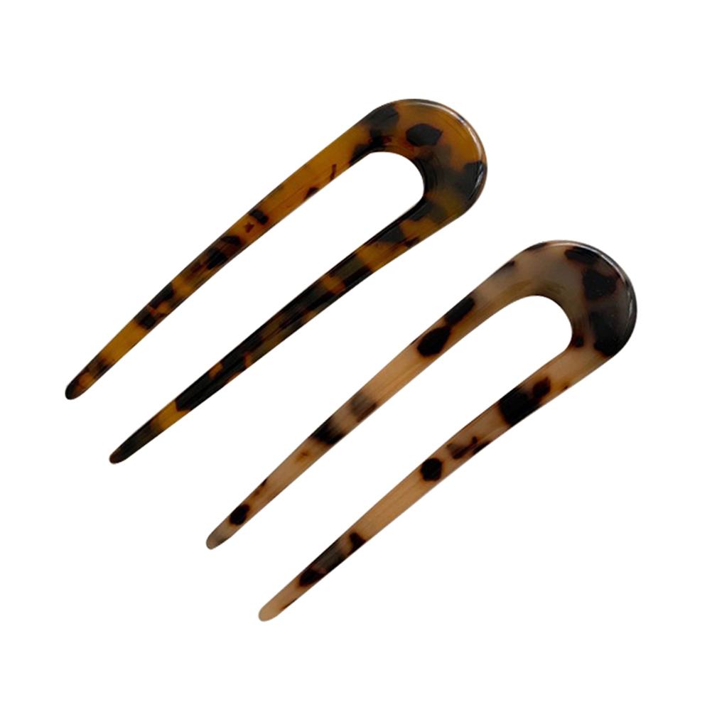 2Pcs U Shaped Hairpin French Style Hair Stick Tortoise Shell Hair Pin 2 Prongs Updo Chignon Pins for Women Girls Hair