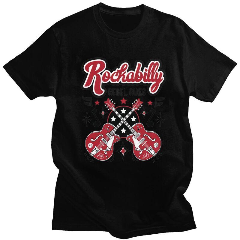Custom Rockabilly Music Rock And Roll Guitar T Shirt for Men 100 Cotton Tees Short Sleeve Tshirt Slim Fit Clothing Gift