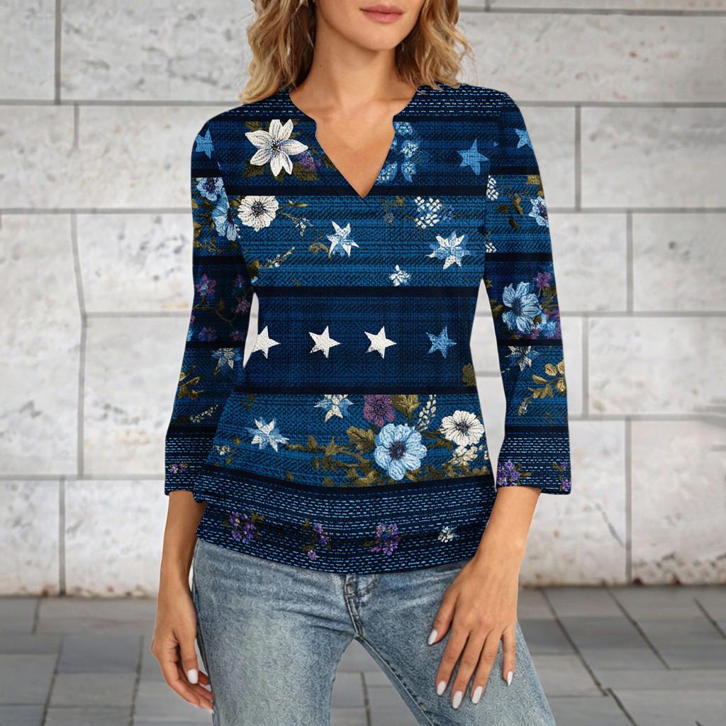 Women's 3/4 Sleeve Neck Hem V-Neck Summer Casual Base Top Independence Day Printed Top