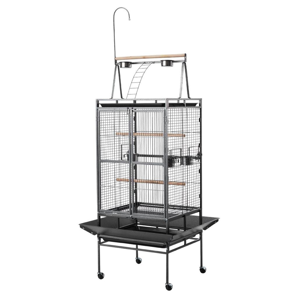 Bird Cage, 830 x 790 x 2100 mm, Open Flat Top, Wrought Iron Bird Flight Cage with Perches, Slide-Out Tray, Plastic Feeders, for Cockatiel, Monk