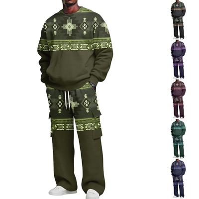 Men's Layer Fabric Crewneck Sweatshirt and Cargo Pants Set with Elastic Waist