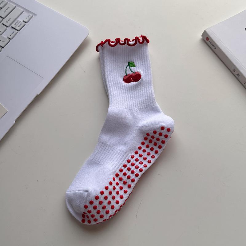 Yoga Socks - Women's Mid-calf Socks with Lace Embroidery and Anti-slip Design for Pilates Fitness and Exercise on The Floor.