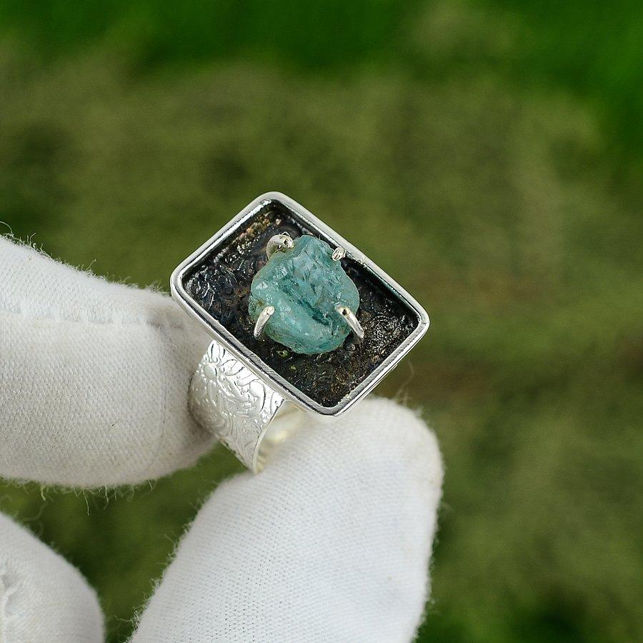 Gift For Her Natural Aquamarine Rough Solitaire Adjustable Ring 925 Silver Adjustable
