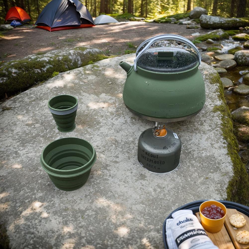 1.5L Silicone Kettle with Handle Outdoor Collapsible Kettle Stainless Steel Bottom Camping Cook Pot for Hiking Backpacking