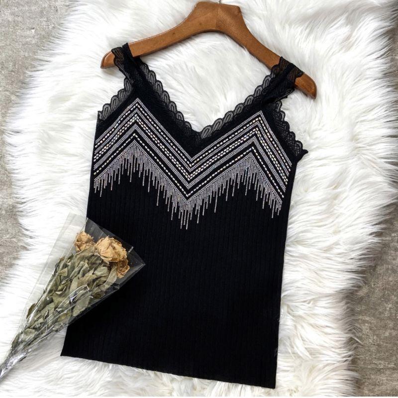 Summer New Lace Rhinestone Camisole Vest Women's Knitted Base Top