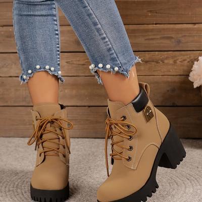 Fashion Women Retro Round Toe Chunky Heels Ankle Boots Autumn New High Heels Shoes Woman Lace Up Platform Short Booties Big Size 42