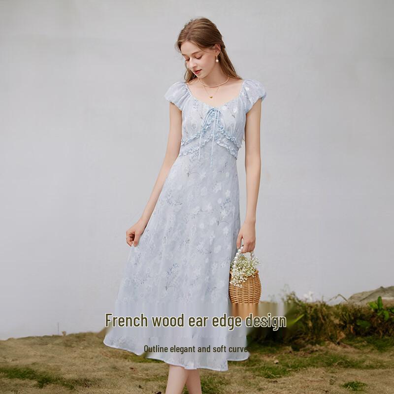 Xiangying Women's French Style Blue Tie-dye Floral Puff Sleeve Midi Dress