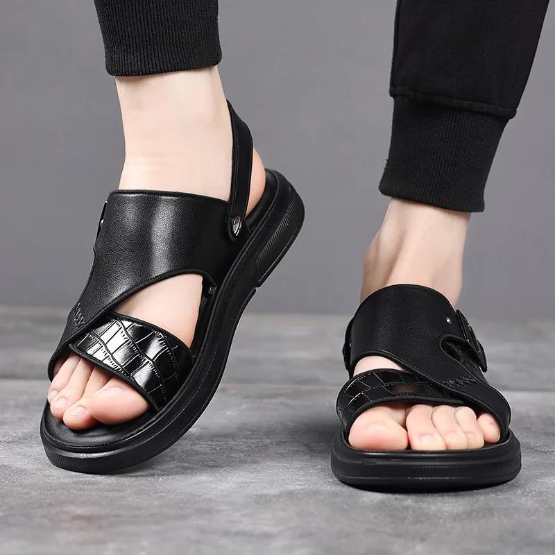 male sandals for summer men thick-soled casual cool slippers non-slip leather beach shoes dual-purpose sandals soft sole shoes