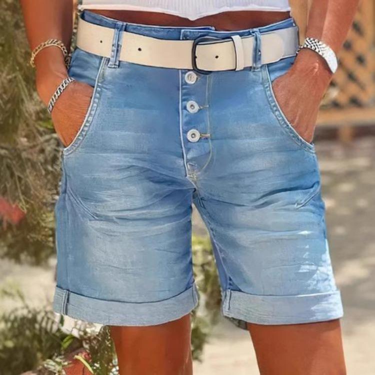 High Waisted Women Denim Shorts Slimming Bermuda Jean Shorts with Pockets Stretch Rolled Cuff