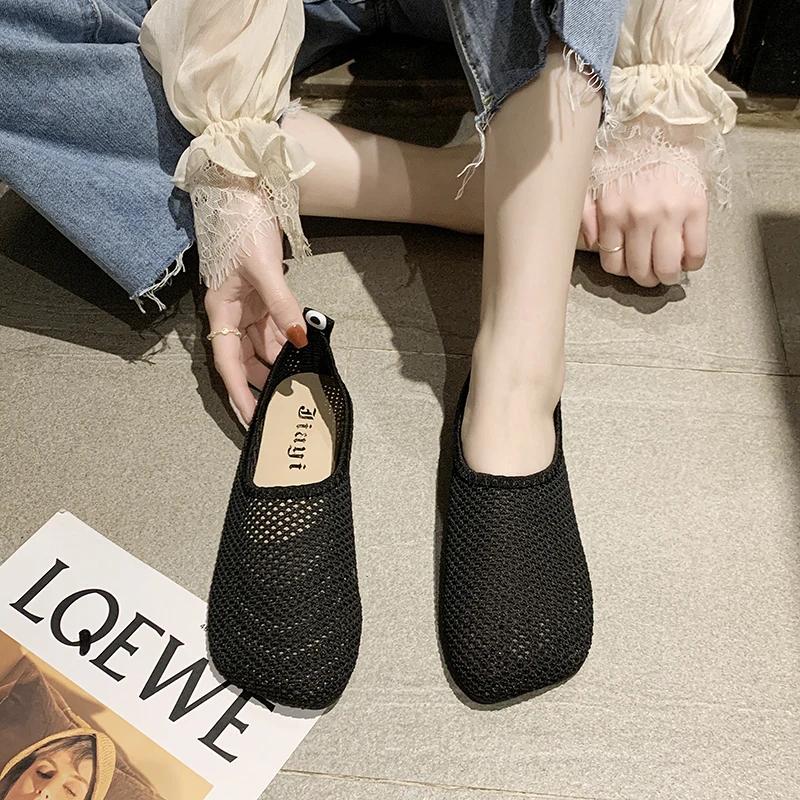 Fashion 2025 Summer Women Flats Hollow Design Breathable Mesh Casual Shoes Solid Color Square Toe Large Size Zapatos De Mujer Flats