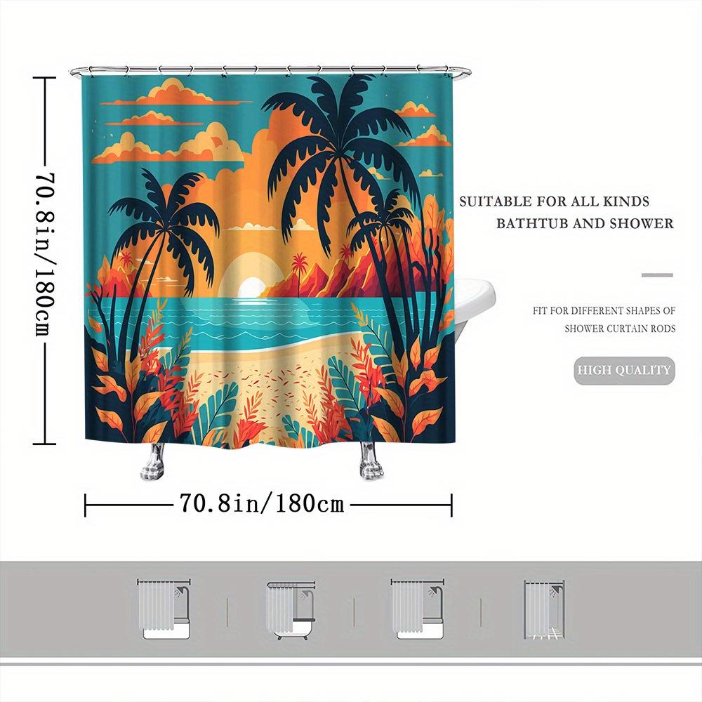 Tropical Beach Sunset Shower Curtain, Palm Tree & Ocean Print, Retro Cartoon Style, Polyester,All-Season Bath Decor
