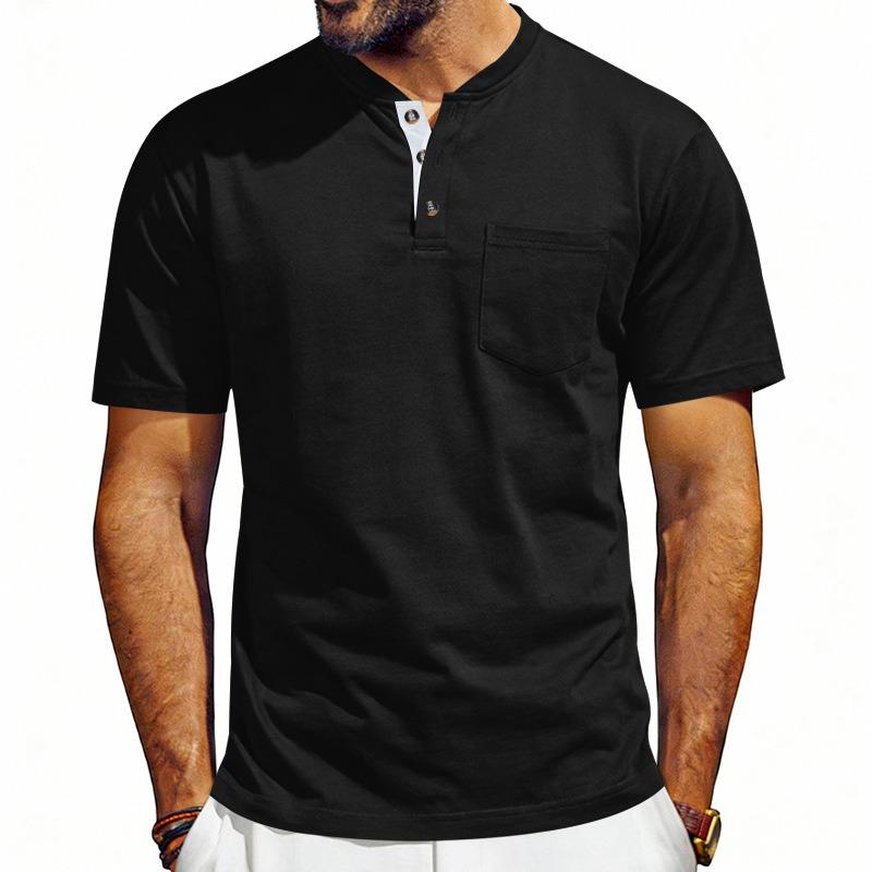 Men Henley Neck Short Sleeve T Shirt With Chest Pocket Casual Solid Color Tops