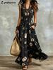 Summer New Printed Temperament Sleeveless Pocket Long Dress Vintage Dress Ready-to-Ship