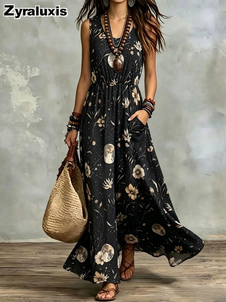Summer New Printed Temperament Sleeveless Pocket Long Dress Vintage Dress Ready-to-Ship
