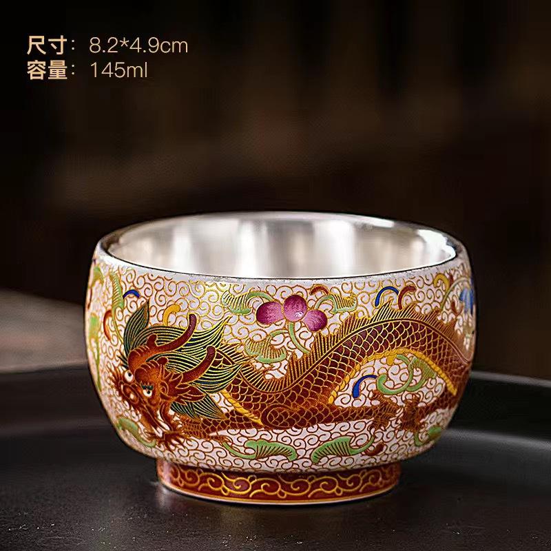 Silver-plated tea cup - Dragon and Phoenix Gold Thread Handmade Copper Enamel Colored Single Cup - Creative Gift Tea Set