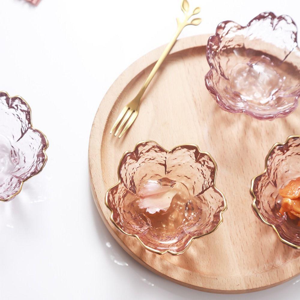 Nordic Style Glass Sakura Disc Gold Inlay Flower Candle Holder Creative Sauce Bowl  Ice Cream