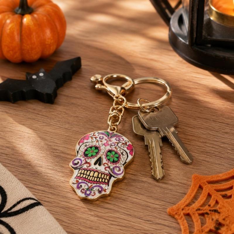 Halloween Skull Keychain Charm, Floral Skull Bag Charm with Alloy Hardware, Lobster Clasp and Round Key Ring for Keys